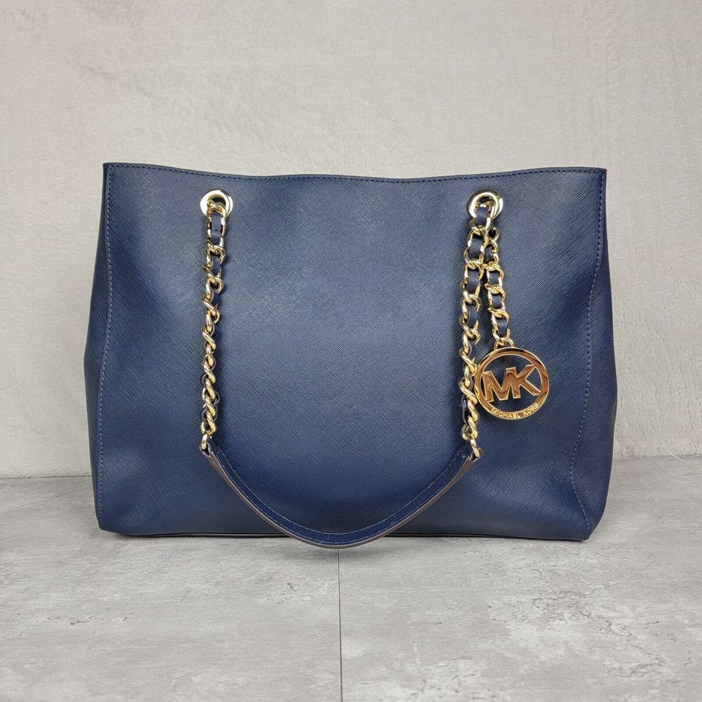 Michael Kors Susannah Large Leather Tote Bag Luggage Navy New NWT Gold $348 MSRP